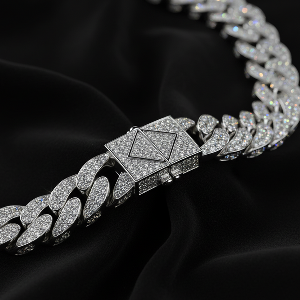 Diamond-encrusted bracelet on a dark fabric background